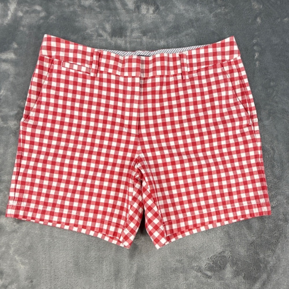 Lands End Red White Gingham Shorts 10P Mid Rise Stretch 10" Rise, 6" Inseam